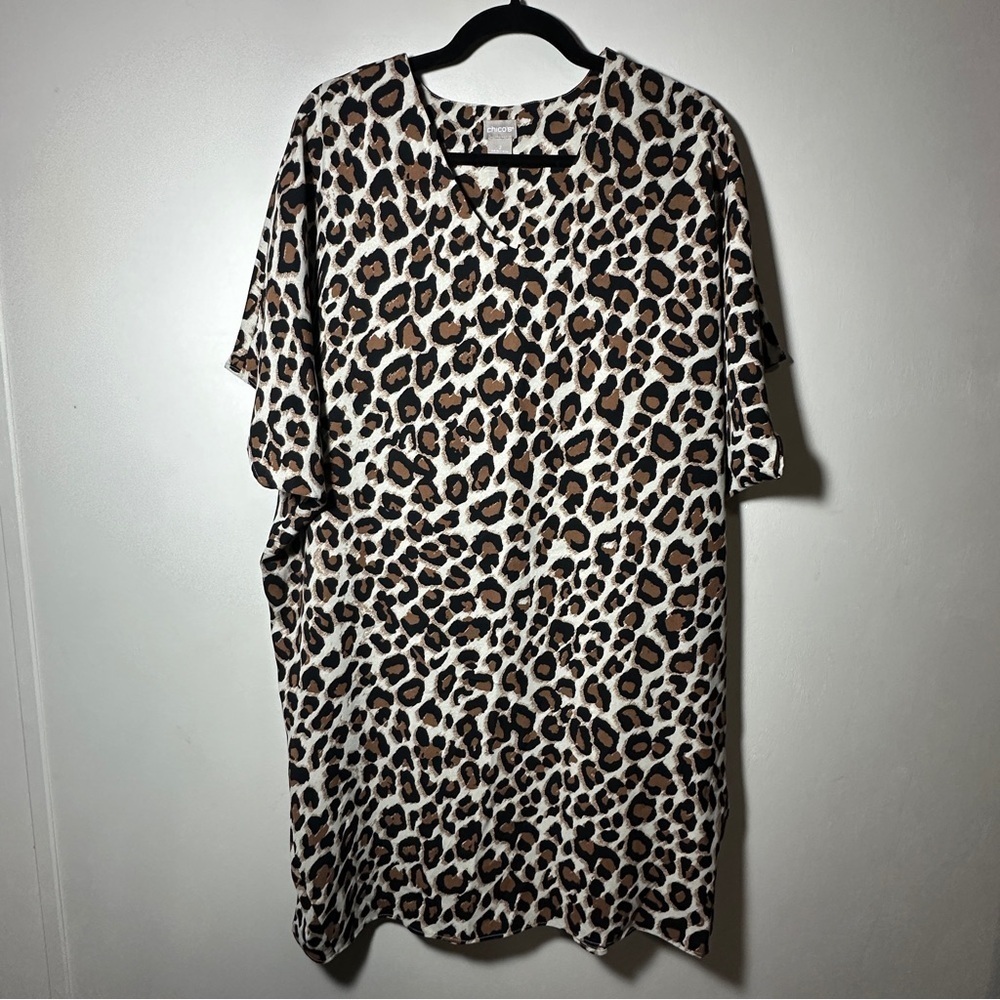 Chico’s Leopard Print Oversized Dolman Sleeve Midi Dress Size Large Boho Neutral